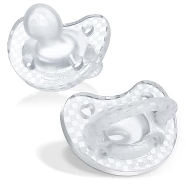 Chicco PhysioForma Luxe Orthodontic Pacifier, 16-24m | 100% Soft Silicone | Supports Breathing & Oral Development | Textured Shield & Handle | Includes Sterilizing Case | BPA Free | Crystal, 2pk