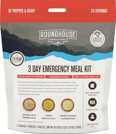 by Chuck Norris Roundhouse Provisions 3 Day, 26 servings Emergency Meal Kit, Grab-and-Go, Premade, Disaster Prep, Hiking, Survival, Adventure, Camping Food, 25 Year Shelf Life.