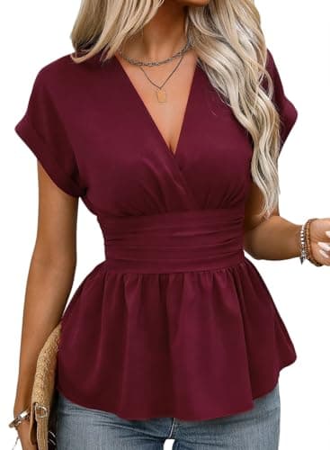 Astylish Women's Casual Cap Sleeve Wrap Peplum Shirts Dressy V Neck Work Ruched Waist Flowy Blouses Tops Burgundy X-Large