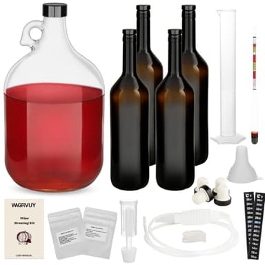 Wine Making Kit Home Brewing - Complete Grape Juice Brew Starter Set for Beginners, 1 Gallon Glass Fermentation Jar with 4 Bottles, Yeast & Nutrients, Siphon, Airlock and Step-By-Step Guide