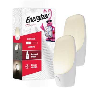 Energizer Manual On/Off LED Night Light Plug-in, Push Button, Compact, Contemporary, for Bedroom, Livingroom, Hallway, Bathroom, Nursery, Basement, White, 84135, 2 Pack