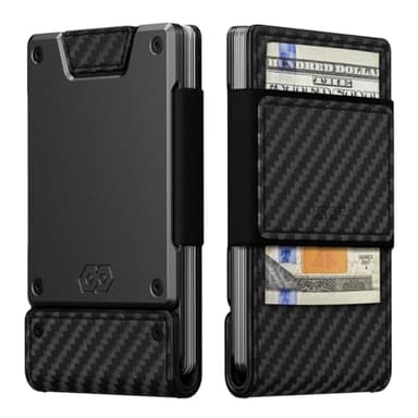 PROOF Wallet | Slim Minimalist Wallets for Men | Leather & Metal | RFID Wallet | Front/Back Pocket | Gift Box | Veteran Owned (Oracle (Carbon Fiber Leather | Dark Gun Metal))