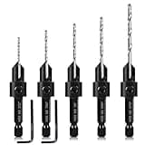 5-pc Woodworking Countersink Counterbore Drill Bit Set 3in1 for #6 8 10 12 16 Screws, M2 Pilot Drill Bits Adjustable Depth, 82-Degree Chamfer with Stop, 1/4” Hex Shank, Includes 2 Allen Wrenches
