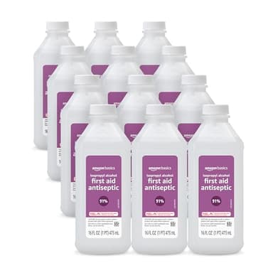 Amazon Basics 91% Isopropyl Alcohol First Aid Antiseptic for Minor Cuts, Scrapes and Infection Protection, Unscented, 16 fl oz, 12-Pack