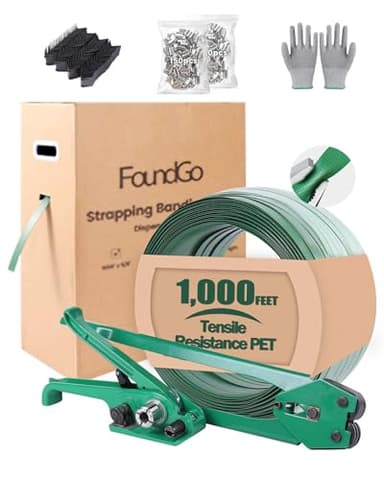FoundGo PET Banding Strapping Kit for Heavy Duty Tough Pallet Packaging Strapping Tool with >1500lbs 5/8" x 1000' PET Strapping Roll & its own Pull-Out Box 100 Corner Protectors 300 Seals
