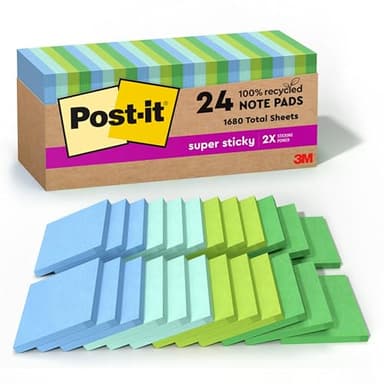 Post-it 100% Recycled Paper Super Sticky Notes, 3 in. x 3 in., 24 Pads, 70 Sheets per Pad, Oasis Collection, School Supplies and Office Products