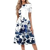Shirt Dresses for Women Over 50 Spring Midi Dresses Short Sleeve Dress Crew Neck A Line Elegant Dress with Pocket Floral S