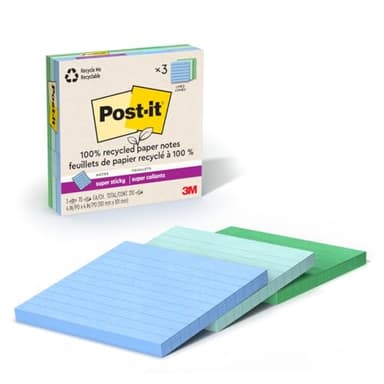 Post-it 100% Recycled Paper Super Sticky Notes, Lined, 4 in. x 4 in., 3 Pads, 70 Sheets per Pad, Oasis Collection, New Year Organization or Second Semester School Supplies