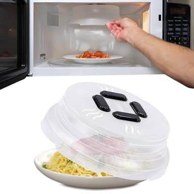 HOVER COVER Magnetic Splatter Cover, 10-Inch Clear BPA-Free Food Lid, Vented Plate Guard with Steam Vents, Anti-Splash Microwave Lid, Dishwasher Safe, Space-Saving Magnetic Storage - Black