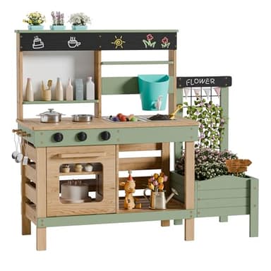 Outdoor Mud Kitchen for Kids, Wooden Pretend Play Kitchen with Plant Growing Box, Removable Sink, Oven and Stove, Kids Kitchen Playset with Kitchen Accessories for Backyard & Garden