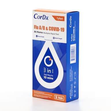 CorDx TyFast at Home Flu A/B & COVID-19 Multiplex Rapid Test Kit, Easy, Accurate, Fast Results in 10 Minutes, 3 in 1 Combo Kit, 5 Tests