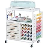 LUCKUP Organization and Storage Craft Table for Cricut Machines, Rolling Cart Cabinet with 28 Vinyl Roll Holders and 5 Drawers, Heat Press Stand Crafting Storage Cart with Hooks