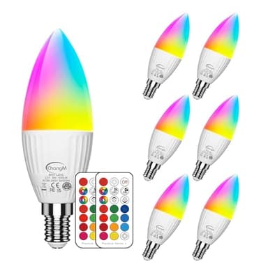 E12 LED Candelabra Light Bulbs 5W, Set of 6 Color Changing Candle Bulbs,Small Base B11 40W Incandescent Equivalent, 560 Lumen, RGB + 5700K Cool White, 12 Colors, 2 Modes, Timer, Remote Control