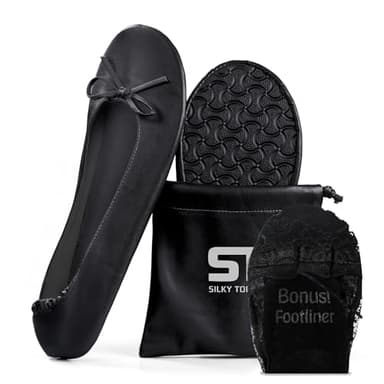 Silky Toes Women’s Foldable Ballet Flats – Portable Roll-Up Slippers for Purse, Travel, or Events – Comfortable Ballerina Shoes (Black, Large)