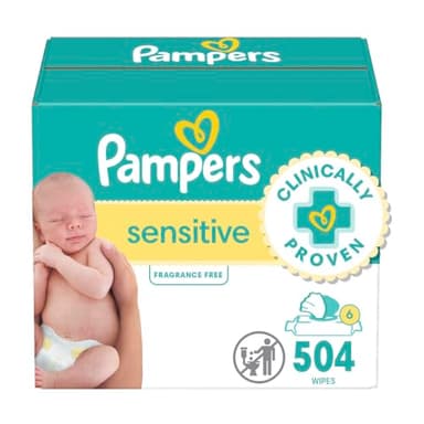 Pampers Baby Wipes Sensitive, Water Based Hypoallergenic and Unscented 504 Total (6 Flip-Top Packs)