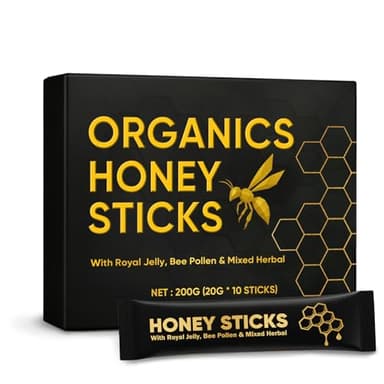 Organics Honey Sticks - Black Honey for Men, Natural Energy & Vitality Packs, Made from Royal Jelly, Bee Pollen & Powerful Herbal Extracts, Male Wellness & Daily Support - 10 Sticks