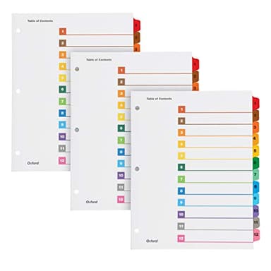 Oxford Binder Dividers, 12 Tabs, Numbered 1–12, 3 Pack, Customizable Table of Contents Page, Reversible Multicolor Tabs, 3-Hole Punched for Binders