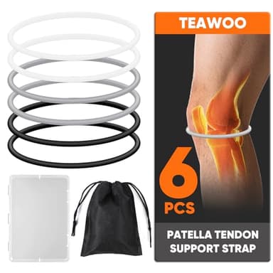 TEAWOO 6PCS Patellar Tendon Support Strap (Black/White/Gray, 2 Each), Knee Pain Relief Patella Bands for Sports, Elastic Silicone Knee Brace for Men & Women, Portable for Gym, Running, Basketball