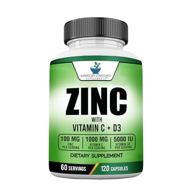 American Standard Supplements Zinc 100mg, Vitamin C 1000mg, and Vitamin D3 5000 IU (125mcg) Per Serving - Gluten Free, Non-GMO, 120 Capsules, 60 Servings
