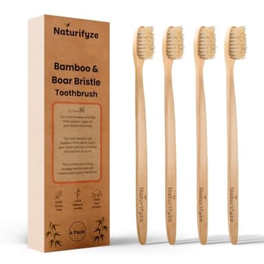 Naturifyze Boar Bristle & Bamboo Toothbrush (4 Pack) - Authentic Boar Bristles - Biodegradable - Plastic Free - Bamboo & Boar Bristle