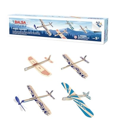 PLAYSTEM Balsa Wood Airplane Kit - 4 Pack Model Gliders & Rubber Band Powered Planes | Outdoor Toy Set for Kids | STEM Learning Airplanes | Easy Assembly No Glue Needed