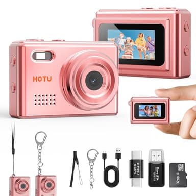 HOTU Mini Keychain Digital Camera, Y2K Pocket-Size Mini Camera, 2MP 1080P Small Camera with 32GB Card, Video Recorder with Long Battery Life for Travel, Party and Vlog (Rose Gold)