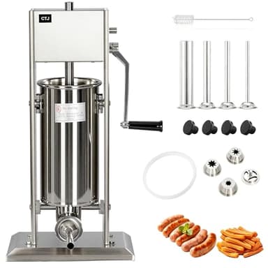 CTJ Sausage Stuffer 11Lb/5L Manual Sausage Makers Two Speed 304 Stainless Steel Vertical Sausage Stuffers Machine with 4 Filling Tubes & Nozzle - Churro Maker for Home & Commercial Use
