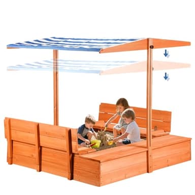 Kids Wooden Outdoor Sandbox with Cover，Sand Boxes with Canopy and Foldable Storage Bench Seats, Sand Table with Protection Bottom Liner,Kids Play Equipment for Outdoor(47X47Inch)