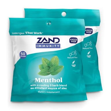 ZAND Immunity Menthol Throat Lozenges 2 Pack - Good-for-You Dry Mouth Lozenges - Immune Support Supplement w/Menthol, Zinc 5mg, Slippery Elm, Soothe a Dry Throat, Natural Flavor, Gluten Free, 50ct ea
