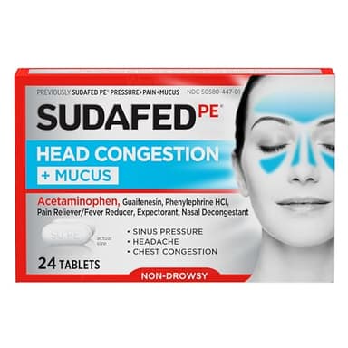Sudafed PE Head Congestion + Mucus Relief Tablets for Sinus Pressure, Congestion, & Headache, Non-Drowsy Decongestant with Acetaminophen, Guaifenesin & Phenylephrine HCI, 24 ct