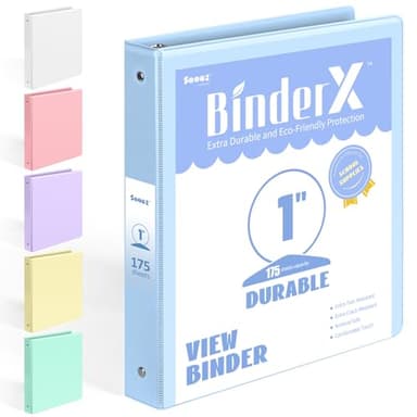 BinderX Extra Durable 3 Ring Binder, Round Ring 1 Inch Binders, Fits 175 Sheets of 8.5x11 Paper, Customizable View Cover with Inside Pockets, Cute 1" Binder, School Supplies for Girls, Blue