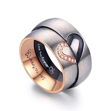 LAVUMO Matching Promise Rings for Couples Love You Forever Wedding Bands Sets for Him and Her Half Heart Rings Stainless Steel 6mm with Box Comfort Fit (Men 10 & Women 7)