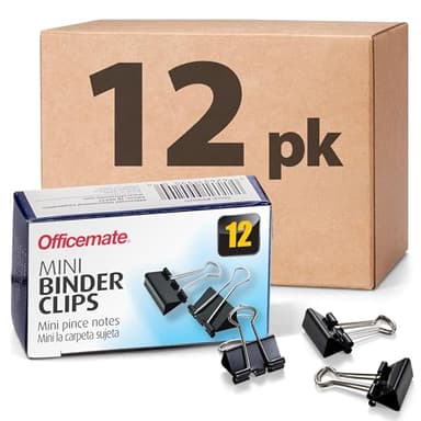 Officemate Small Binder Clips, 144 Count (12 Boxes of 12 Clips), Heavy-Duty Metal Handles, Black Paper Fasteners for Office, School & Home Organization (99010)