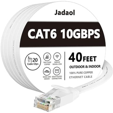 Jadaol Cat 6 Ethernet Cable 40 ft, 10Gbps Support Cat8 Cat7 Network, Flat RJ45 LAN Patch Cable, High-Speed Wired Internet Cable for Router, Modem, Switch, Gaming Consoles, PC, Streaming Devices, White