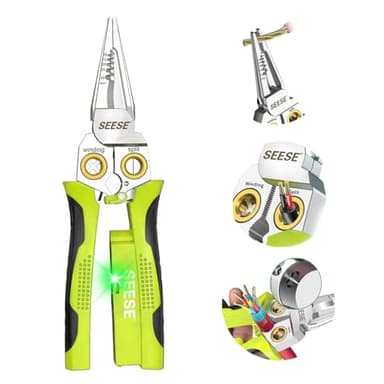 SEESE 8-in-1 Wire Stripper for Electrician: Needle Nose Pliers with Voltage Tester & Dual Alarms - Electrical Pliers for Cutting Wires, Pulling Wires and Crimp Wires