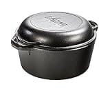 Lodge 5 Quart Pre-Seasoned Cast Iron Double Dutch Oven with Lid - Dual Handles - Lid Doubles as 10.25 Inch Cast Iron Grill Pan - Use in the Oven, on the Stove, on the Grill or over the Campfire - Black