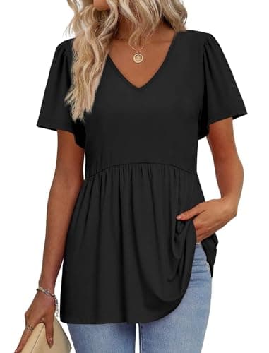 OFEEFAN Women's Clothing Tshirts Shirts for Women Fashion Clothing Spring Top Black Peplum Tops V Neck T Shirts Beach Vacation Clothes Tunic Tops Loose Fit Dressy L