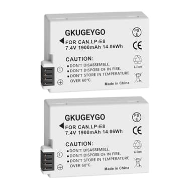 GKUGEYGO LP-E8 Battery 2-Pack, 1900mAh 7.4V Replacement Lithium-Ion Batteries for Canon EOS Rebel T3i, T5i, T4i, T2i, 550D, 600D, 650D, 700D, Kiss X4 X5 X6 Cameras