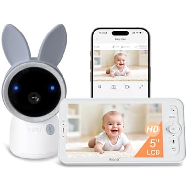 ARENTI 2.4G&5G Smart Baby Monitor with Camera and Audio, 5’’ WiFi/No-WiFi 4MP Split Screen with Night Light, Smoothing Lullabies, Cry&Motion Detection, Temp&Humidity Senor, Free APP with Motion Video