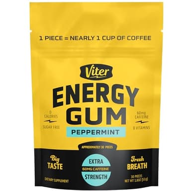 Viter Energy 60mg Caffeine Gum (Peppermint Flavor, 30 Pieces) - Sugar Free, Vitamin B3, B6, B9, B12, Zero Calories, Caffeinated Energy Chews, Nootropic Focus Supplement for Men & Women