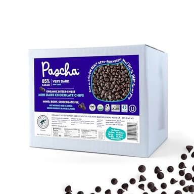 Pascha Bulk Organic Baking Mini Bitter Sweet Chocolate Chips 85% Cacao, Allergen Free, Non-GMO, Vegan, & Fair Trade, 10 Pounds