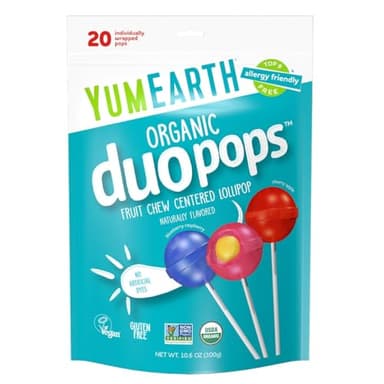 YumEarth Organic Duo Pops, Lollipops with Fruit Chew Centers - Allergy Friendly (Top 9 Free), No Artificial Dyes, Non GMO, Gluten Free, Vegan Candy Snacks - Individually Wrapped Pops (20 Count (Pack of 1))