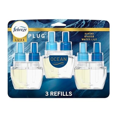 Febreze Plug In Air Freshener, Odor-Fighting Scented Oil Refill, Air Fresheners for Home and Bathroom and Kitchen, Long Lasting for Strong Odors, Ocean Scent, 0.87oz Refills, 3 Count