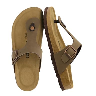 CUSHIONAIRE Leah Thong Womens Sandals - Cork Footbed Flip Flops for Women 2025 with Memory Foam and Adjustable Buckle Strap, BROWN 8.5