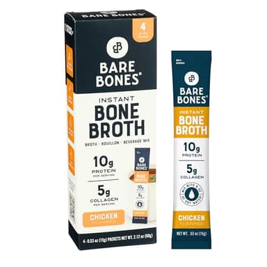 Bare Bones Chicken Bone Broth Instant Powdered Mix | Rich Savory Packets on-the-Go No Artificial Flavors | 100% Grass Fed Keto & Paleo Friendly | 10g Protein | 4 Pack