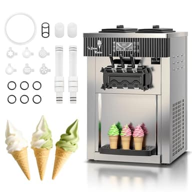 EKway Soft Serve Ice Cream Machine,28 QT/H Yield 2450W Countertop Commercial Ice Cream Machine With 2x6L Hopper 3 Dispensers,LCD Panel Auto Clean Pre-cooling, for Restaurant Snack Bar
