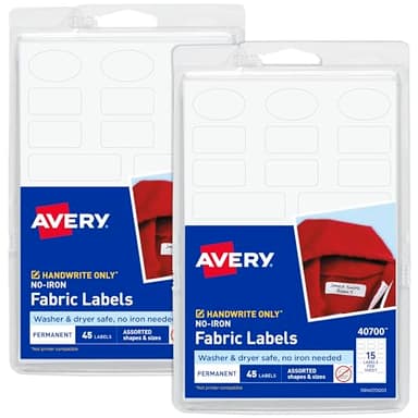 Avery No-Iron Fabric Labels, Assorted Shapes and Sizes, Washer and Dryer-Safe, White, Non-Printable, 45 Labels Per Pack, 90 Total (2-Pack of 40700)