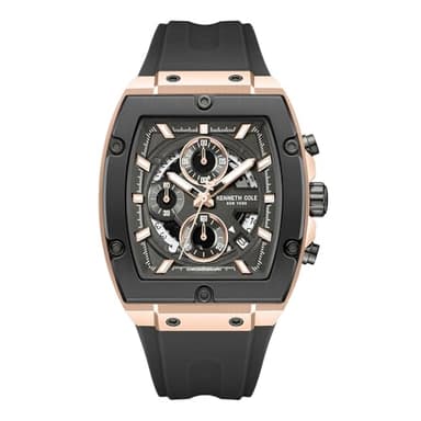 Kenneth Cole New York Men's Chronograph Watch – Rose Gold-Tone Tonneau Case with Gunmetal Dial, Screw Detail Bezel, Date Display, and Black Silicone Strap