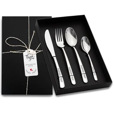 Personalized Silverware Set, Custom Engraved Name 4 Piece Stainless Steel Flatware, Mirror Polished Cutlery Utensil Including Fork Spoon and Knife for Birthday Christmas Back to School Party Gifts