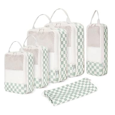 Narwey 6 Set Compression Packing Cubes for Travel, Checkered Luggage Suitcase Organizer Bags with Handle, Durable Hanging Travel Cubes for Packing (Mint Green Checkerboard)